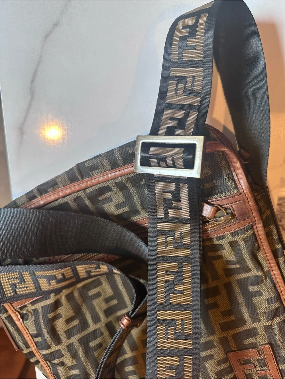 Vintage Fendi Zucca FF Messenger Crossbody Bag with Logo Strap